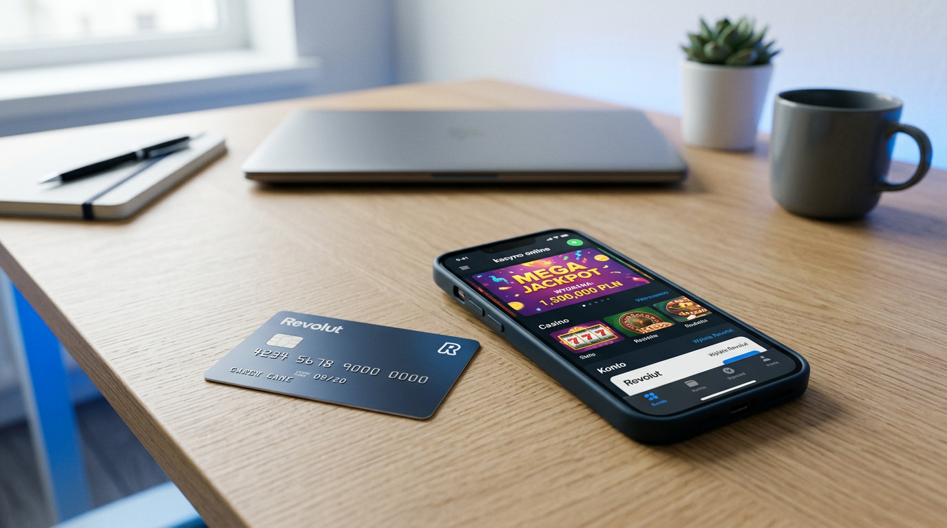 Karta Revolut obok smartfona z aplikacją kasyna online