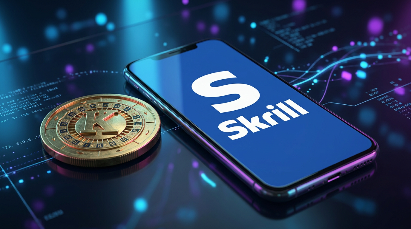 Złota moneta kasynowa obok smartfona z widocznym portfelem Skrill na tle cyfrowych danych.